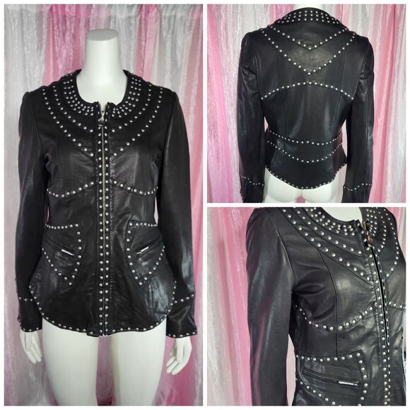 Stetson Studded Motorcycle 100%Smooth Leather Zip JacketSize Small